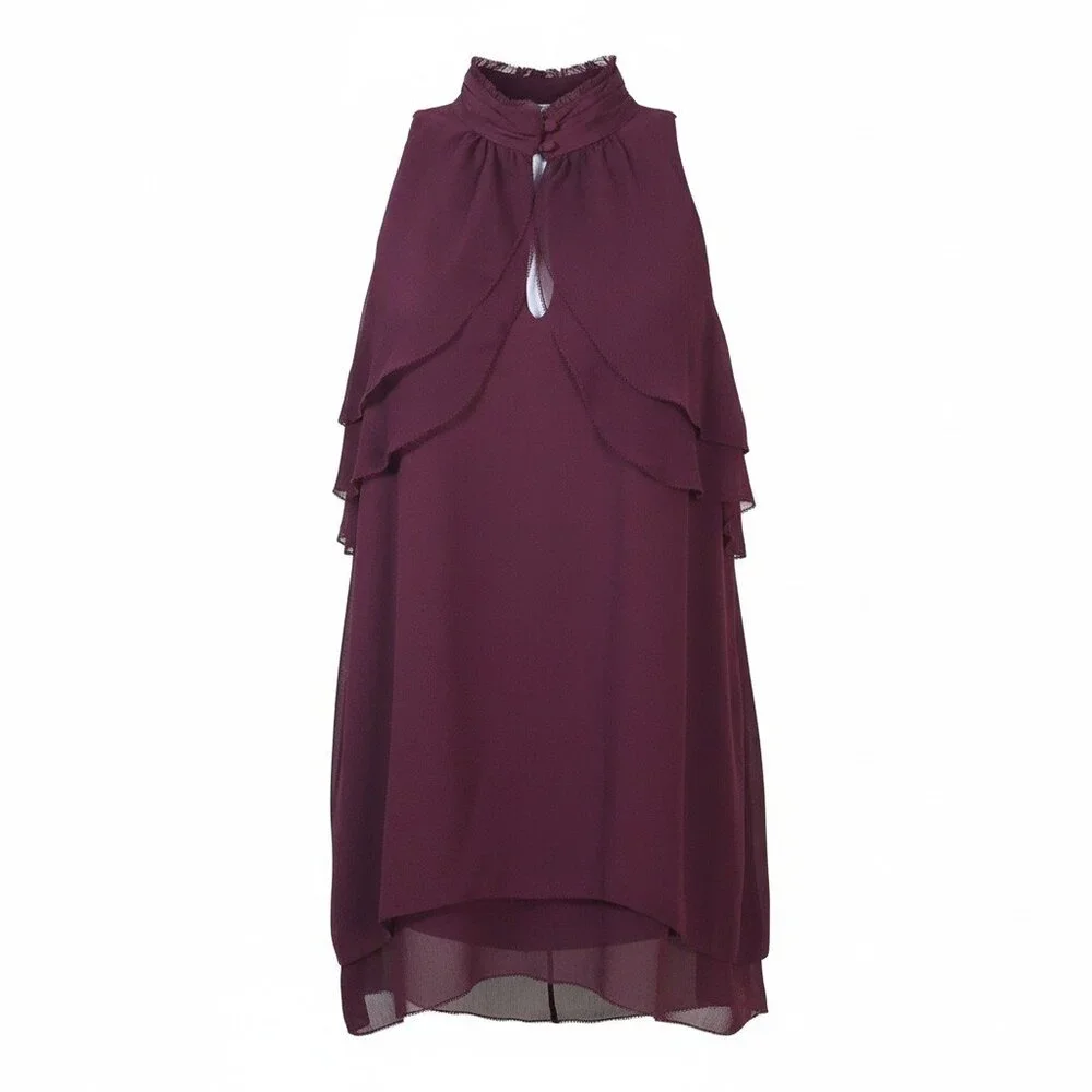 WHBM Burgundy Layered Chiffon Blouse Size 6 Sleeveless Keyhole Ruffle Top